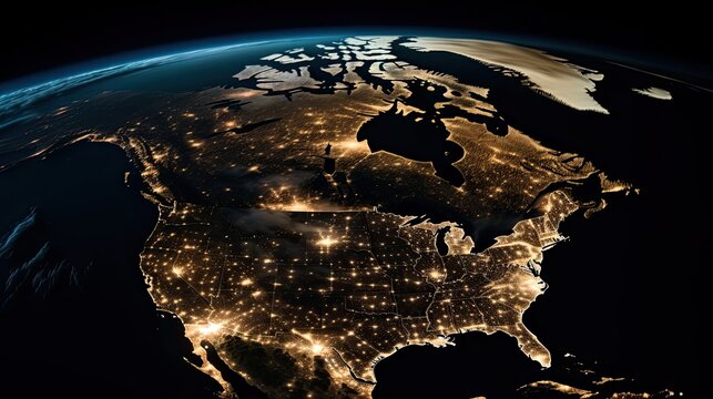 Mystical Night Sky: Aerial View of US City Lights Illuminating the American Continent on a Global Dark Map of Earth: Generative AI