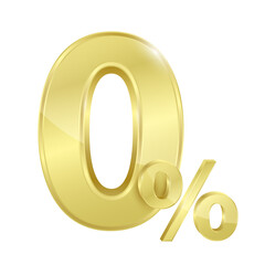 Golden 0% text. Zero percent for special offer.  Financial business concept. 3D file PNG illustration.