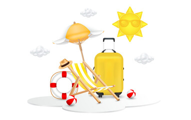 Deck chair sitting beach umbrella, travel luggage yellow on white podium. The sun and clouds float in the air. For making tourism. Summer vacation concept.3D file PNG illustration.