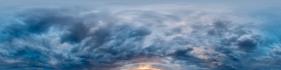 Dramatic overcast sky panorama with dark gloomy Cumulonimbus clouds. HDR 360 seamless spherical panorama. Sky dome in 3D, sky replacement for aerial drone panoramas. Weather and climate change concept