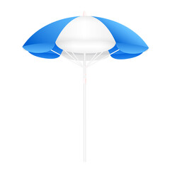 Beach umbrella blue and white. The symbol of a holiday by the sea. 3D file PNG illustration.