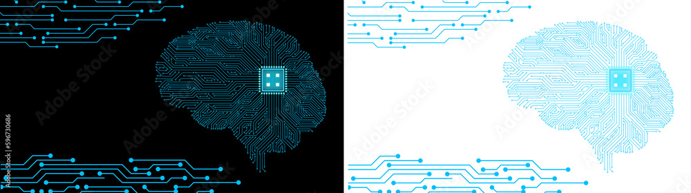 Poster human brain with electronic circuit on a transparent and transparent background