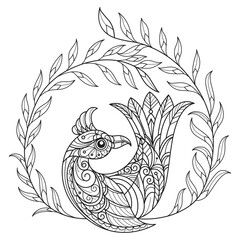 Bird and ivy hand drawn for adult coloring book