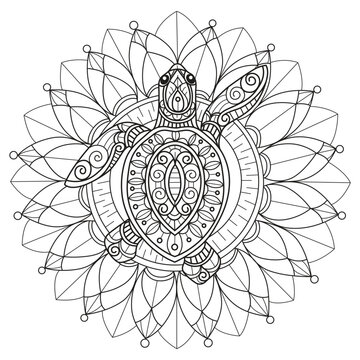 Turtle and sunflower hand drawn for adult coloring book