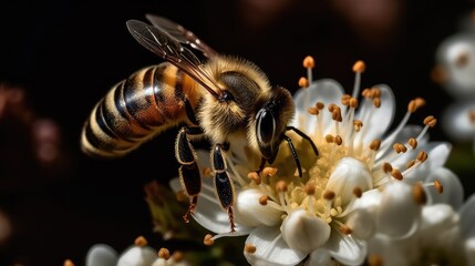 A bee collects nectar from a flower, close-up. The concept of nature. AI generated