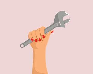 Vector illustration of female hand holding wrench. Human body part concept for labor day holiday