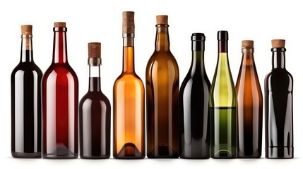 Different bottles of wine on a white background. AI generated