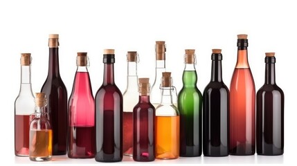 Different bottles of wine on a white background. AI generated