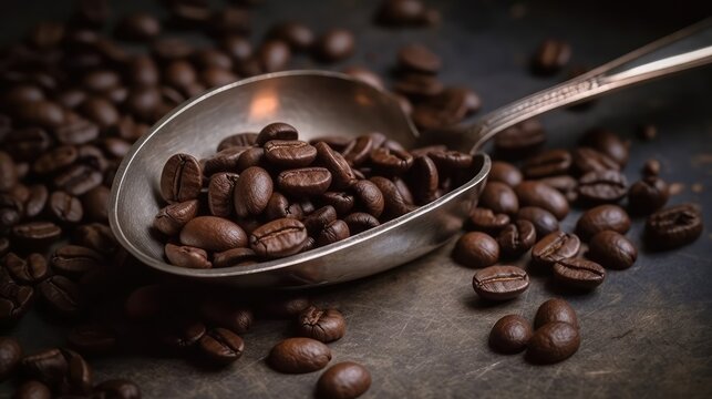 Coffee beans on a spoon. Scattered grains on the table, close-up. AI generated