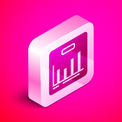 Isometric Pie chart infographic icon isolated on pink background. Diagram chart sign. Silver square button. Vector