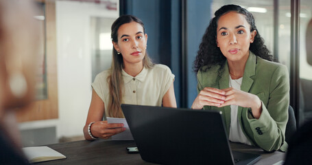 Fototapeta premium Laptop, group collaboration and diversity women brainstorming financial growth, stock market or bitcoin investment. Crypto finance economy, forex management team and trader discussion on NFT trading