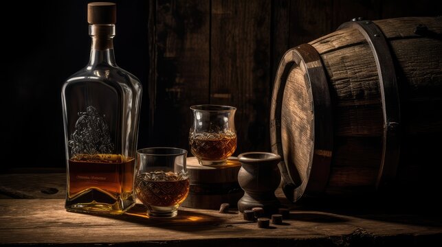 Cognac in glasses and a bottle. Cognac aging in an oak barrel. AI generated