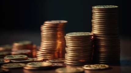 Stacks of coins on the table on a black background. Savings concept. AI generated
