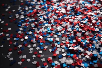 Obraz premium 4th of july American Independence Day, red white and blue stars confetti, decorations on pastel blue background. Flat lay, top view