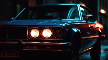 The hood of the car at night, close-up. Car front lights. AI generated