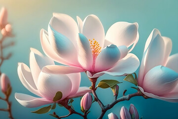 Beautiful delicate white magnolia on light blue background in sunlight. Spring and summer, love and romance. Generative AI, illustration