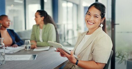 Business, woman and portrait with tablet in office for online planning, strategy and smile. Female...