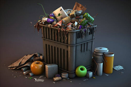Container full of unsorted garbage. Various dirty objects are scattered around. Environmental pollution. Generative AI, illustration