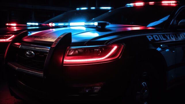 Hood of a police car at night, close-up. Flashing beacons enabled. AI generated