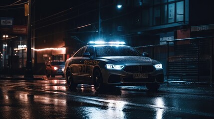Obraz na płótnie Canvas A car with beacons on a dark street. AI generated