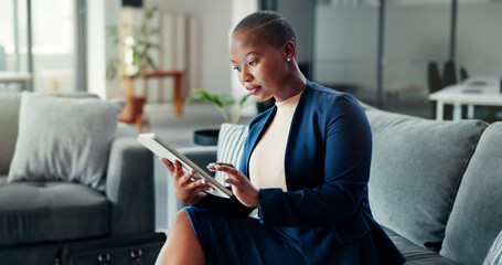 Tablet, business lounge or black woman typing feedback review of finance portfolio, stock market or investment. Finance economy, forex account manager or trader trading NFT, bitcoin or cryptocurrency