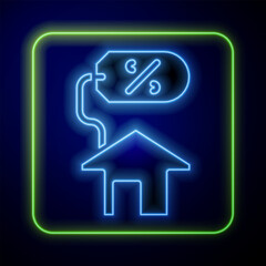 Glowing neon House with percant discount tag icon isolated on blue background. Real estate home. Credit percentage symbol. Vector