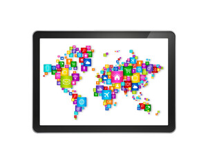 World map made of icons on digital Tablet PC. Cloud computing concept