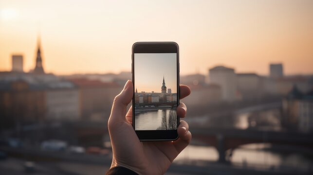 A man takes pictures of a city street on his phone in the evening. The concept of photography. AI generated