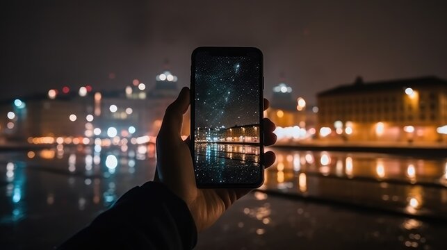 A man takes pictures of the night city on his phone. The concept of photography. AI generated