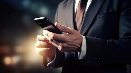 Businessman in a suit holding a phone, close-up. Business and work concept. AI generated