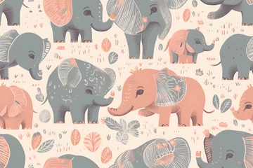 Fotobehang Olifant Happy cute adorable elephants seamless pattern purple pink children kids bedroom art wildlife animal Generative AI, Generativ, KI