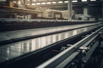 Solar panels moving on conveyor belt in modern factory. Generative AI