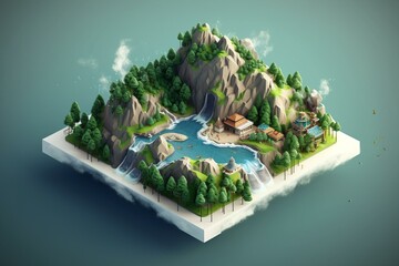 3D isometric island with lush forest, mountains, waterfalls, and blue ocean. Generative AI