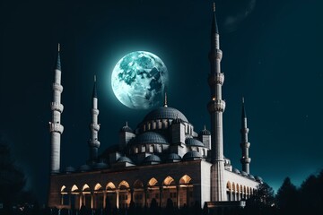 Twilight Islamic night background featuring a mosque. Generative AI