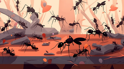 Tiny Titans: A Captivating Ants Flat Design Illustration, AI Generative