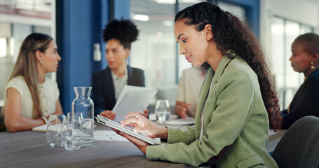 Business woman, portrait and tablet in meeting for online planning, strategy and internet search....