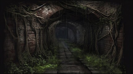 Fototapeta na wymiar Abandoned brick tunnel covered in plants, vines, grass and moss, horror illustration.