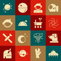 Set UFO flying spaceship, Dog astronaut helmet, Black hole, Astronaut, Planet with flag, and Mars rover icon. Vector