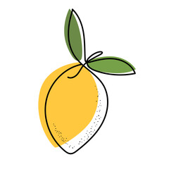 Whole Lemon One Continuous Line design with colorful shapes. Single Line Art. Hand Draw Citrus fruit. Simple outline style. Vector, PNG illustration for card, poster, logo