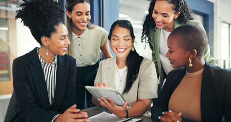 Tablet, diversity group and talking women review financial portfolio, stock market feedback or...
