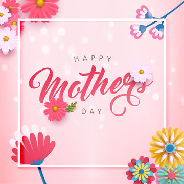 Happy mother's day layout design with roses, lettering, ribbon, frame, dotted background. Vector illustration. Best mom / mum ever cute feminine design for menu, flyer, card, invitation.