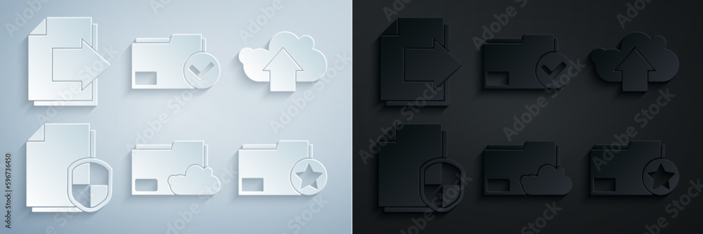 Poster set cloud storage text document folder, upload, document protection concept, with star, and check ma