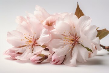 Soft pink sakura blossom and petals in white background. Artistic. Generative AI