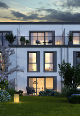 Reihenhaus weiß geputzt mit Blick auf die Terrassenseite
in Abendstimmung - 596736428