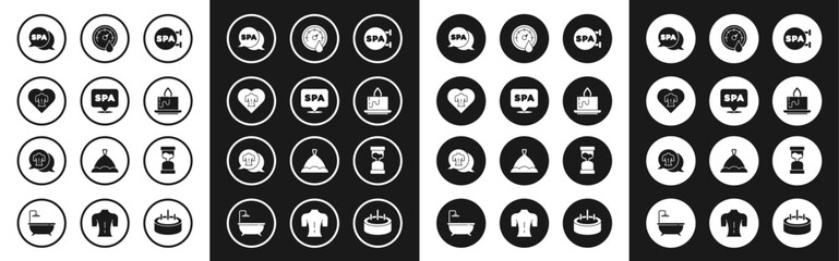 Set Spa salon, Massage, Aroma candle, Sauna thermometer, Old hourglass and icon. Vector