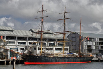 Iron-hulled, three-masted barque ship on display outside the Australian National Maritime Museum....