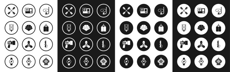 Set Diving mask and snorkel, Scallop sea shell, Gauge scale, Paddle, Aqualung, Action camera, Knife and Flashlight icon. Vector