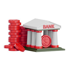 Red coins and bank illustration 3D rendering icon isolated, perfect for business presentation