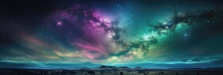 Obraz na płótnie Canvas Purple Green Blue Space , Panoramic Background. Generative AI