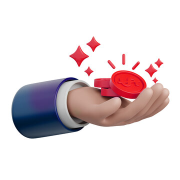 Hand holding red coins 3D rendering icon isolated, perfect for business presentation
